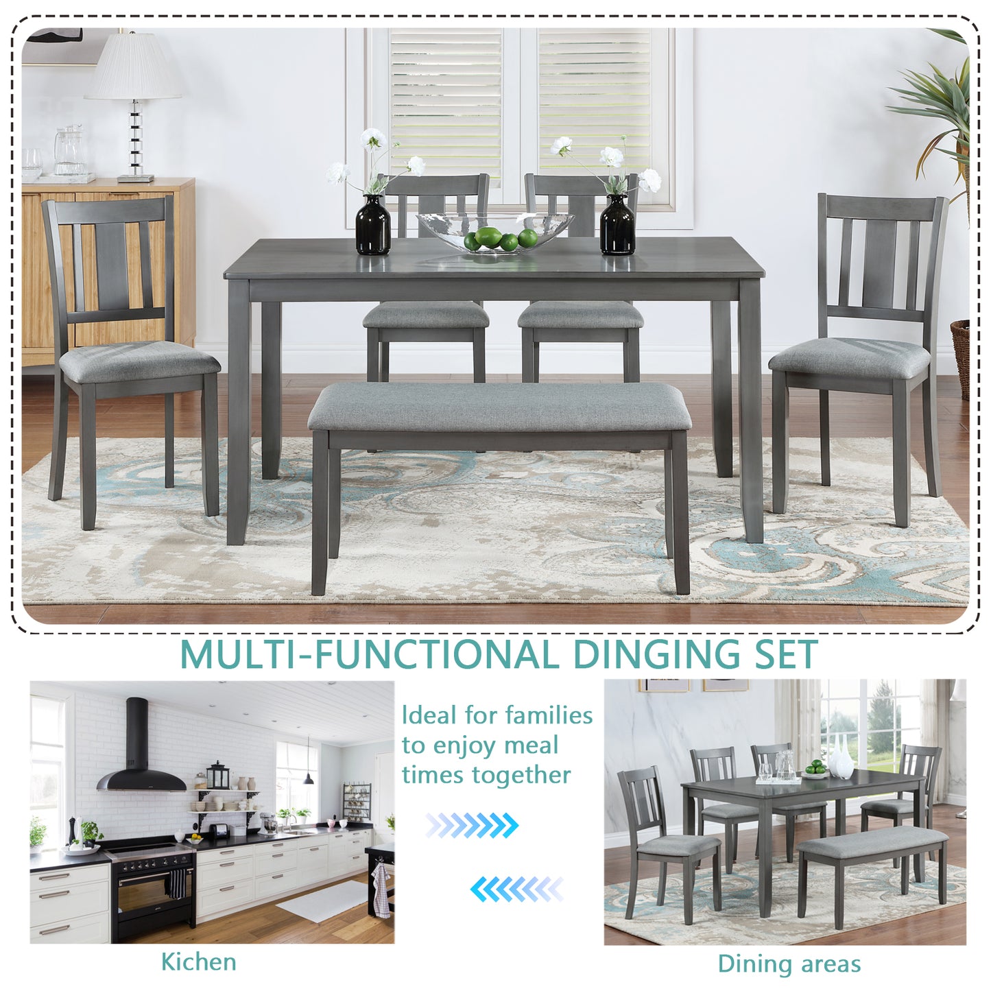 Gray dining set with upholstered chairs and bench