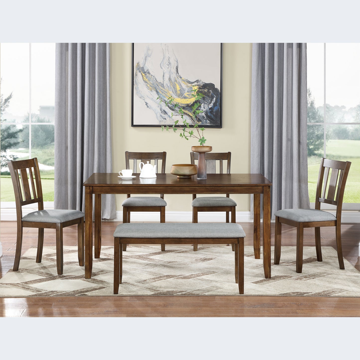 Dark wood dining table set with four chairs and one bench