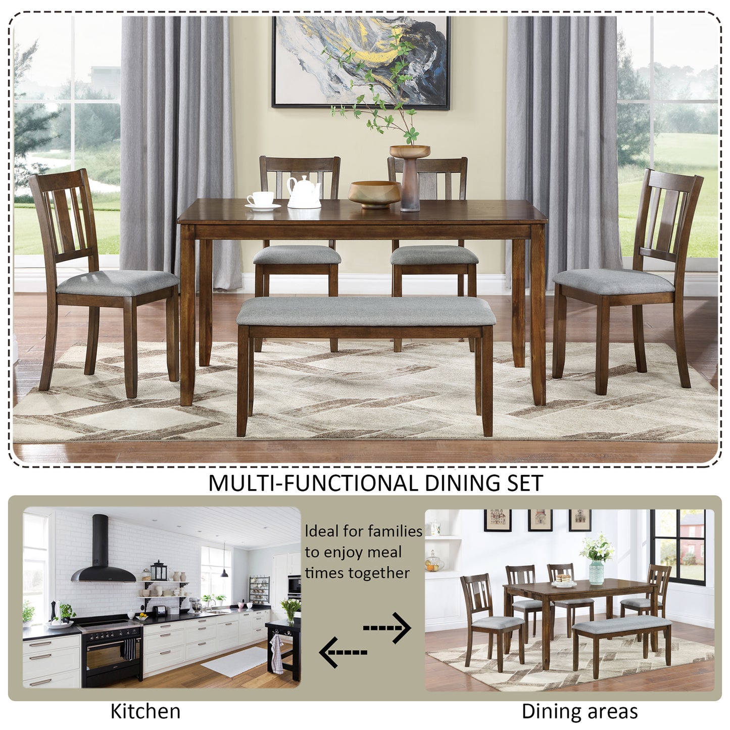 Dark brown wood dining set with upholstered gray bench and chairs