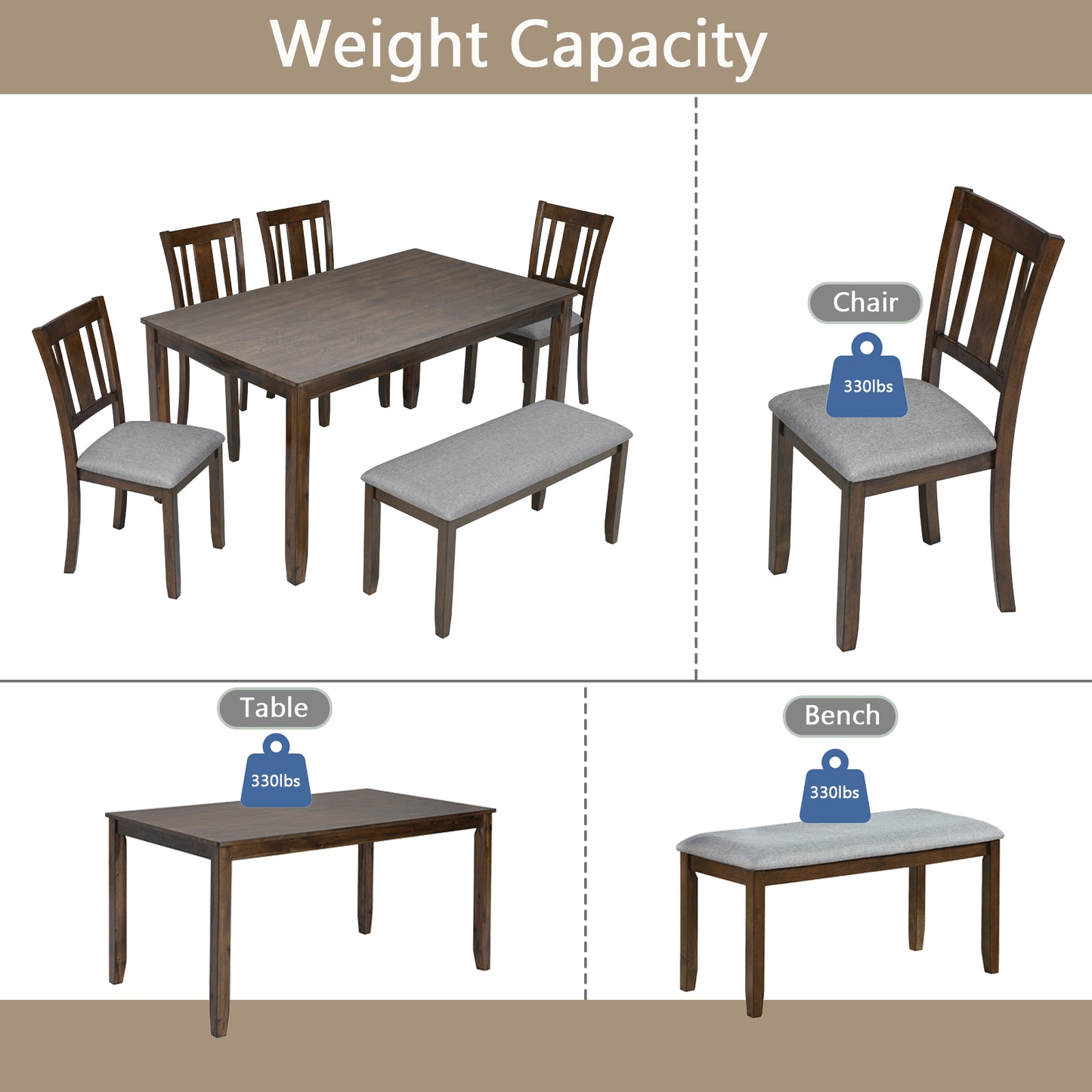 Dark wood dining set with upholstered chairs and bench
