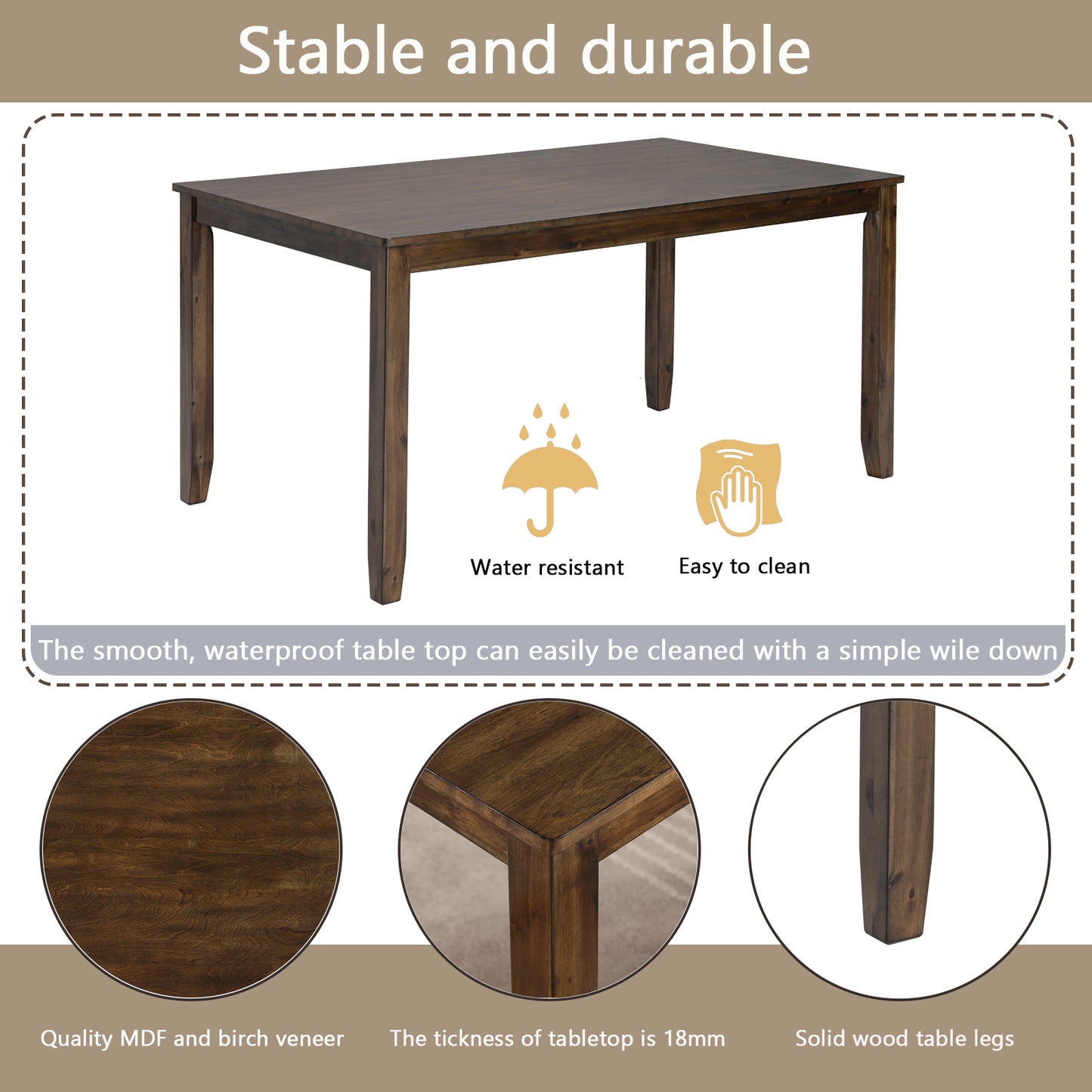 Dark wood rectangular dining table with tapered legs