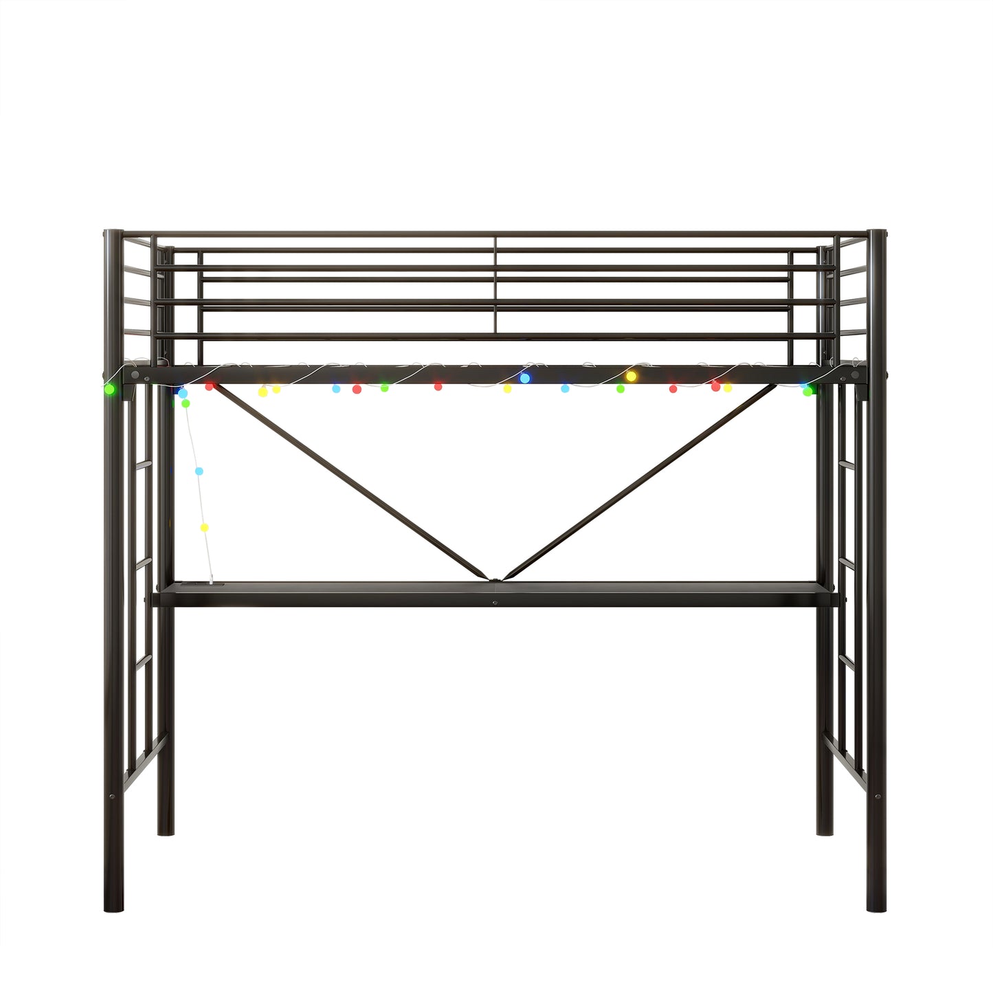 Black metal loft bed with integrated desk and colorful string lights