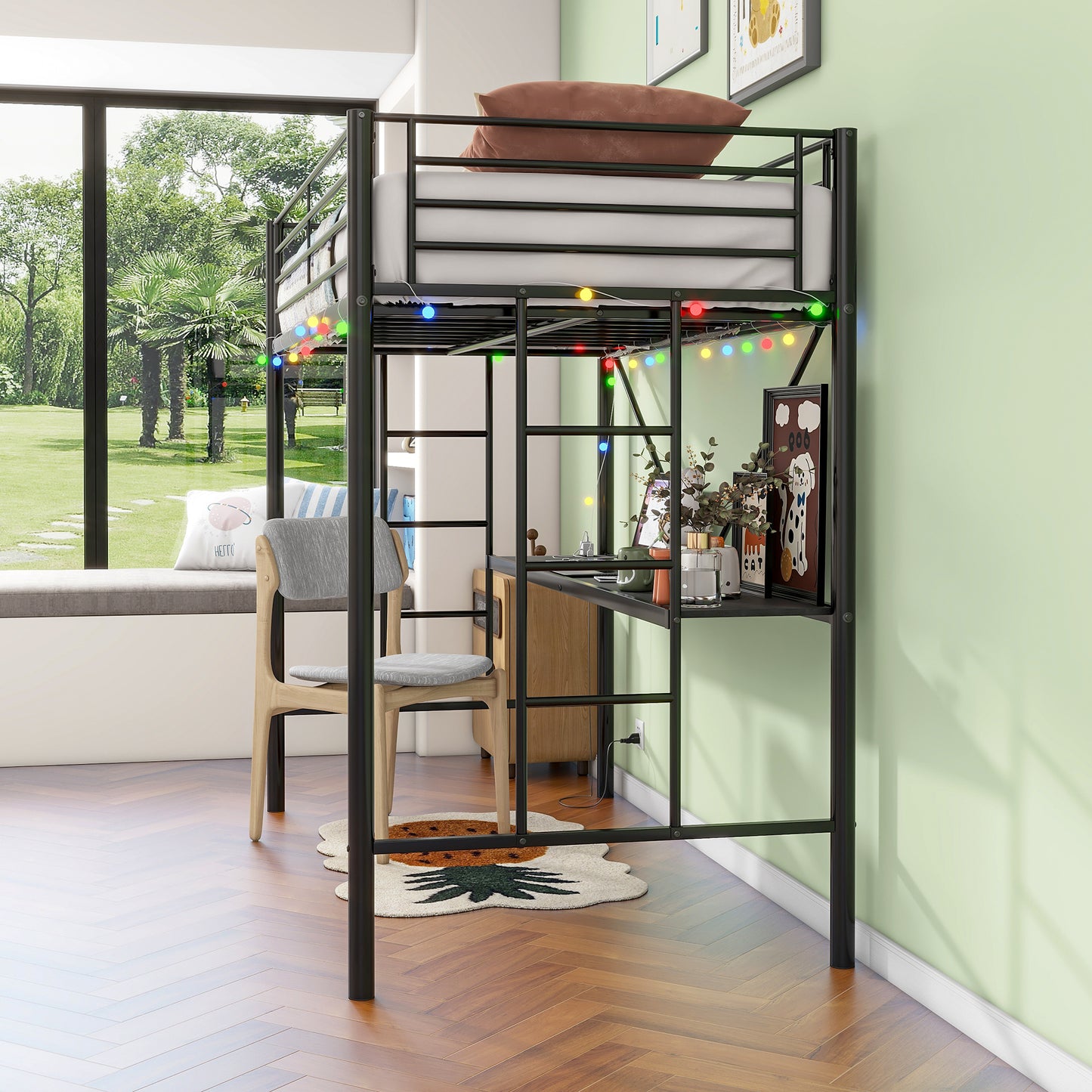 Black metal loft bed with integrated desk and chair