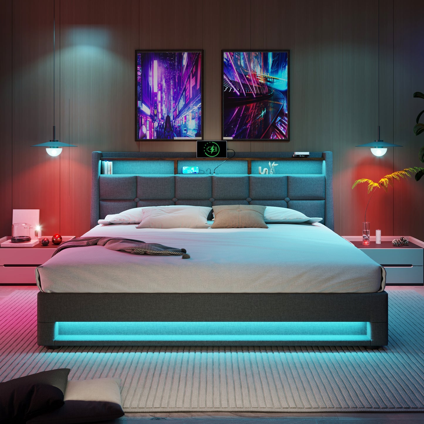 Gray upholstered king bed frame with builtin LED lighting and headboard shelves