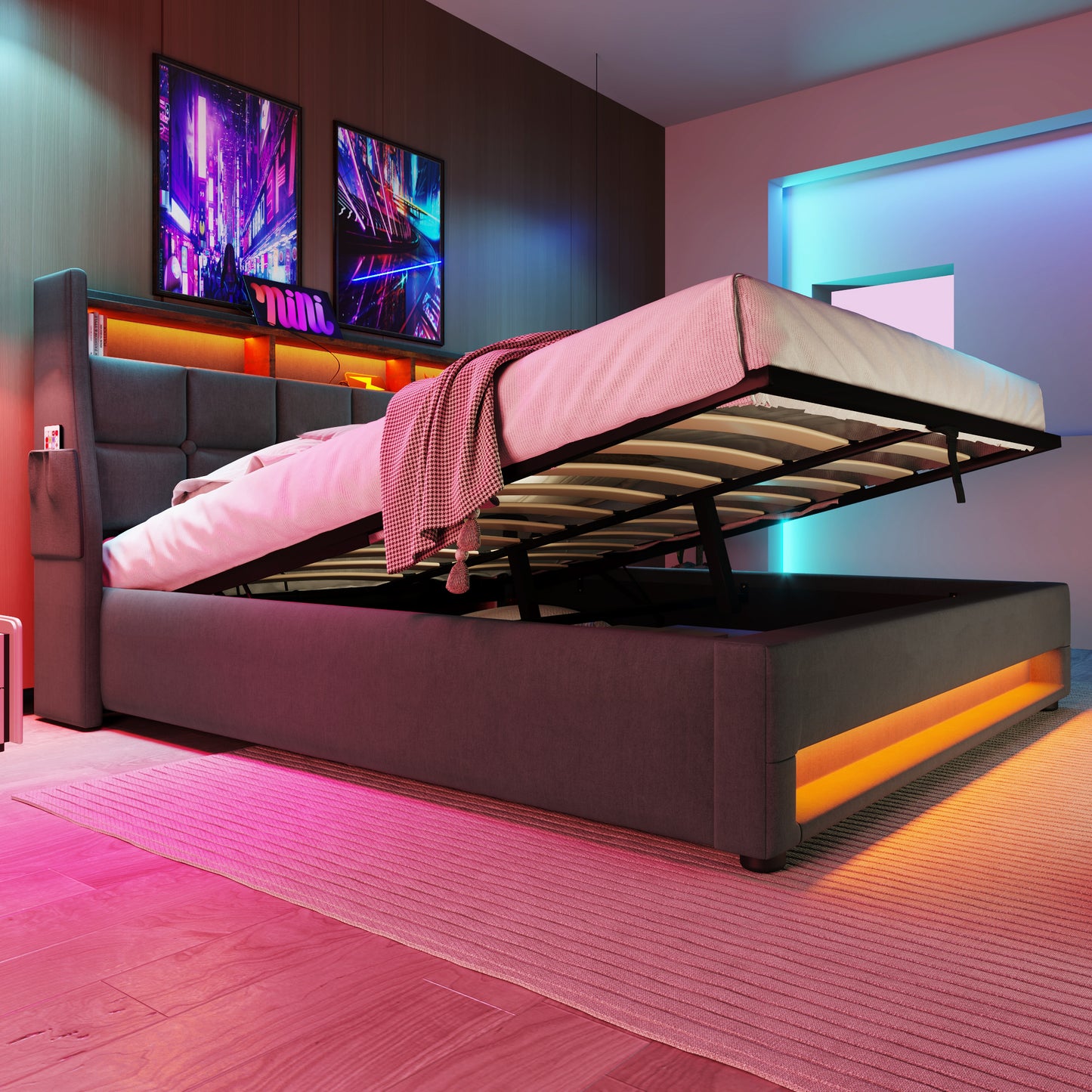 Modern grey fabric storage bed with lifted mattress and ambient LED lighting