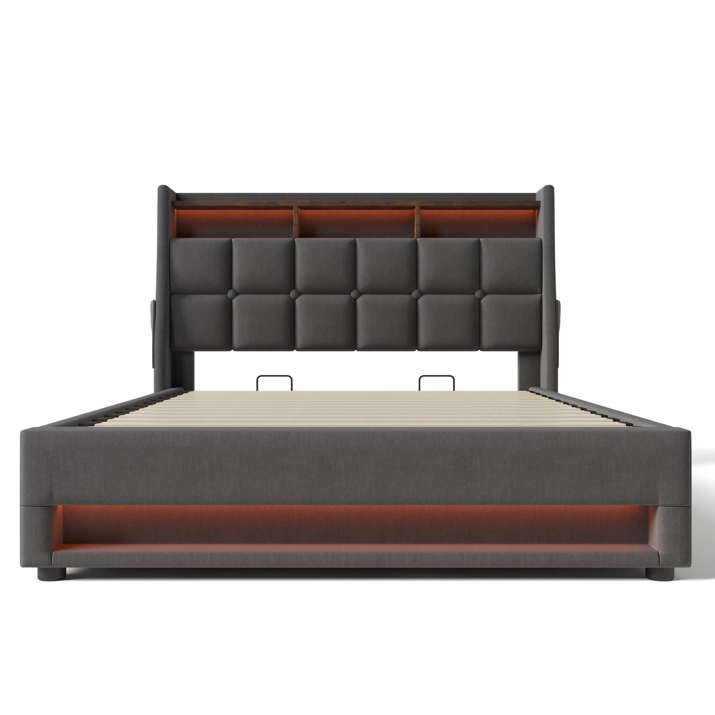 Modern upholstered grey king bed with builtin LED lighting and storage headboard
