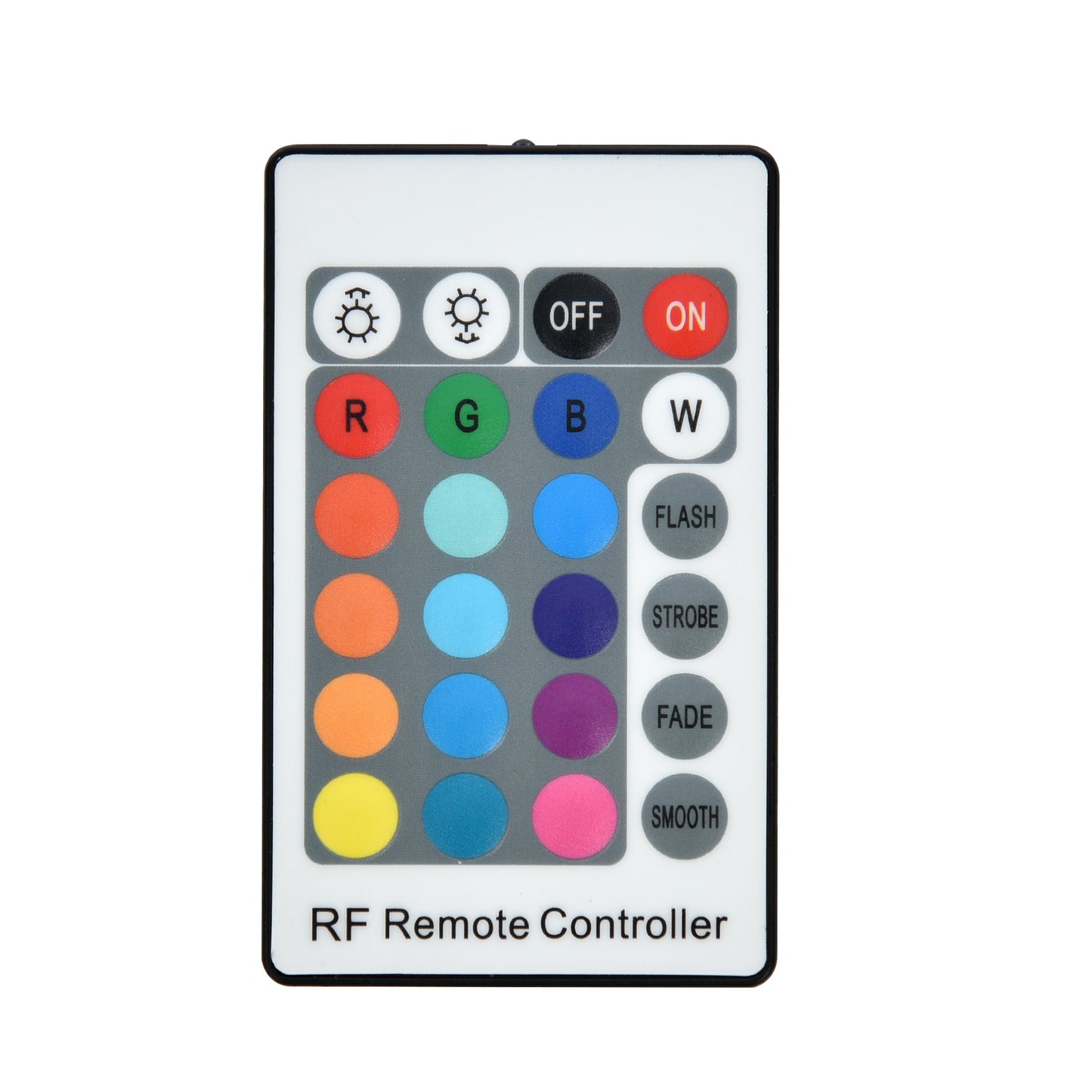 White RF remote controller with color and mode buttons for LED lights