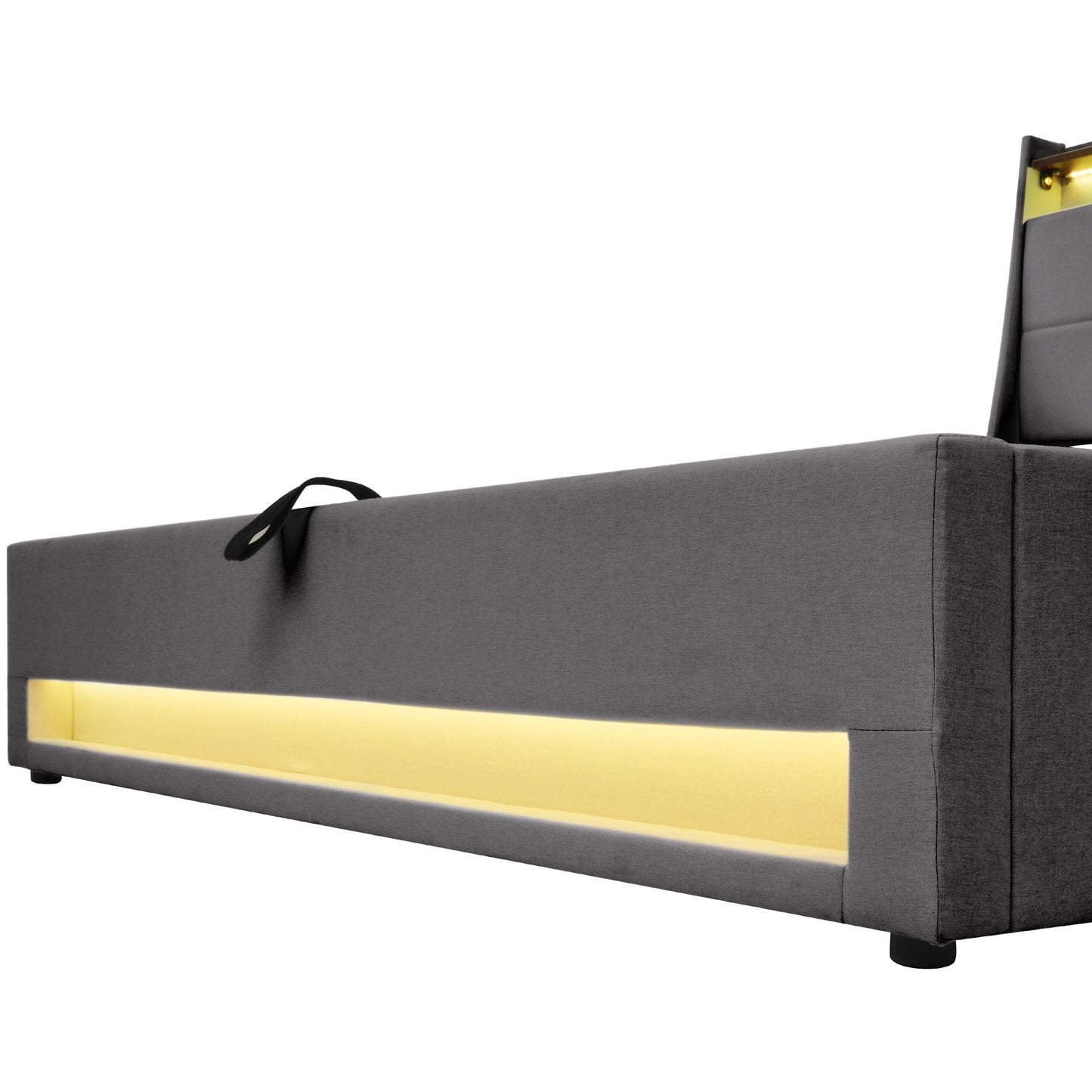 Gray upholstered ottoman with integrated LED lighting