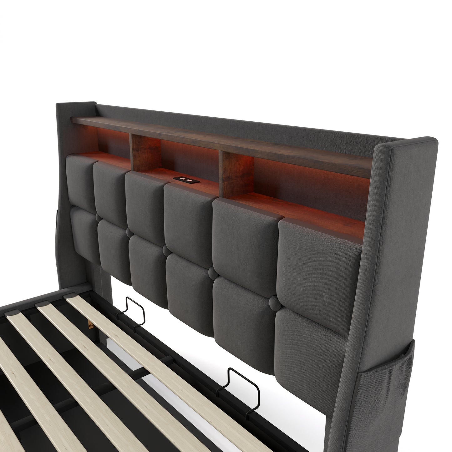 Upholstered platform bed in dark gray fabric with builtin shelves and LED lighting