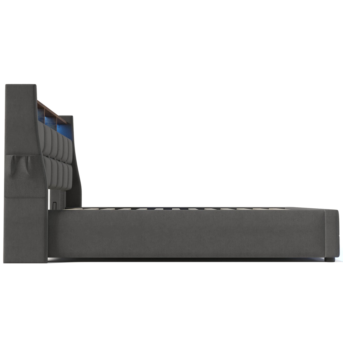 Modern grey upholstered bed frame with builtin shelving and subtle blue lighting