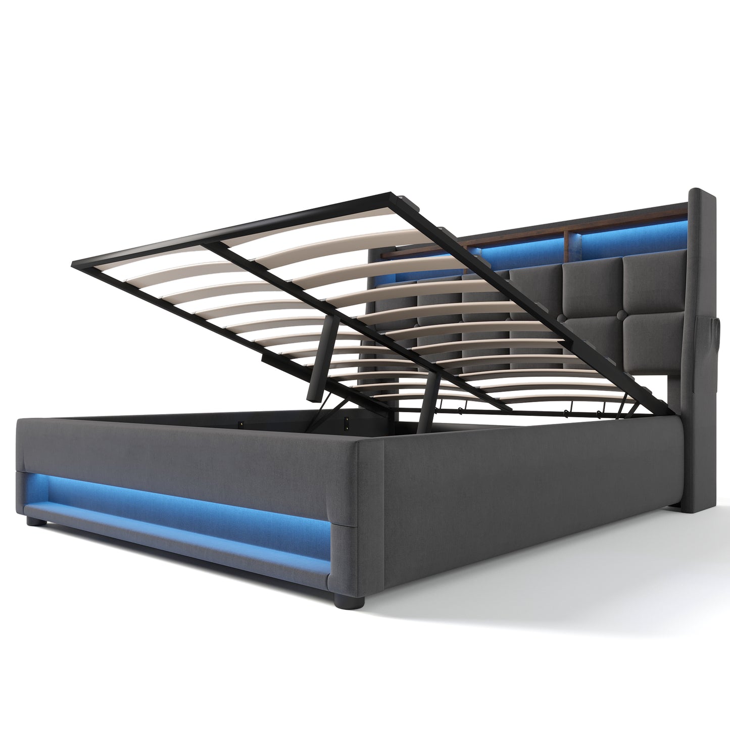 Grey upholstered bed frame with open storage and blue LED lighting