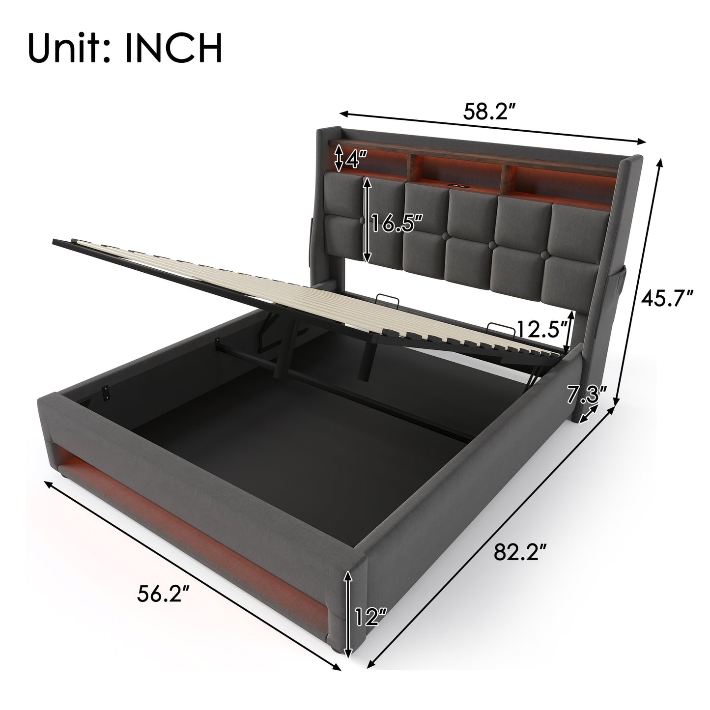 Tufted dark gray upholstered bed frame with liftup storage and LED headboard lighting