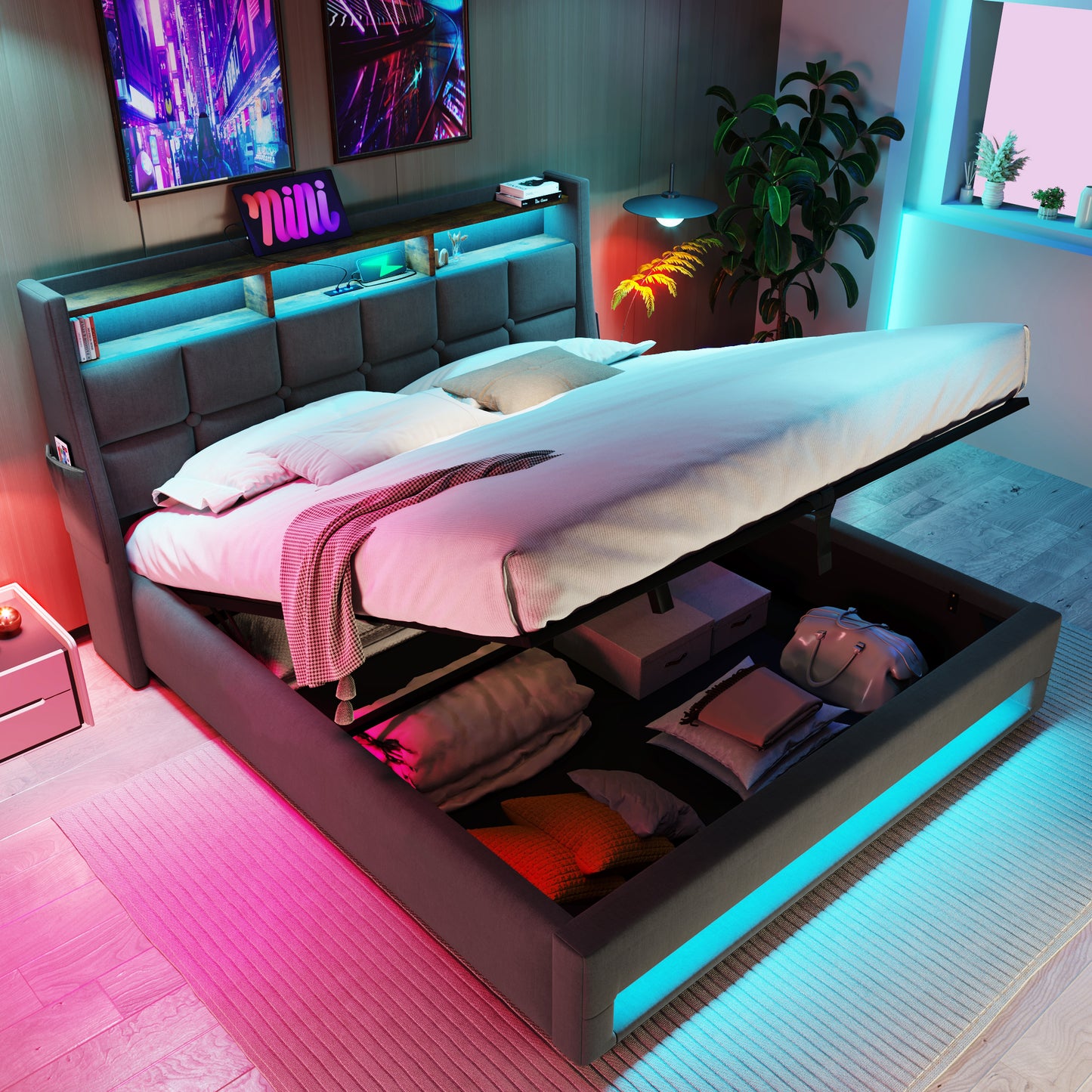 Grey fabric storage bed with LED lighting open for access