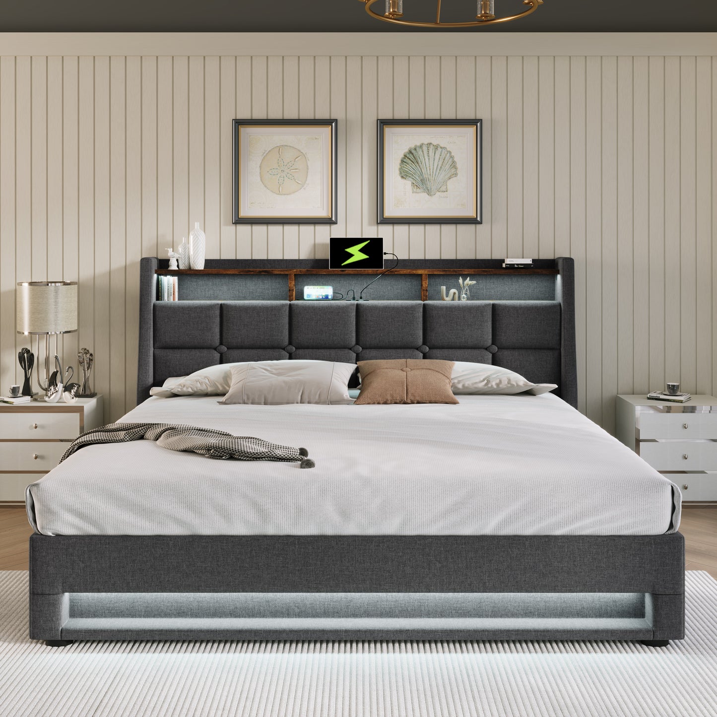 Tufted upholstered platform bed in charcoal grey fabric with builtin LED lighting and headboard shelf