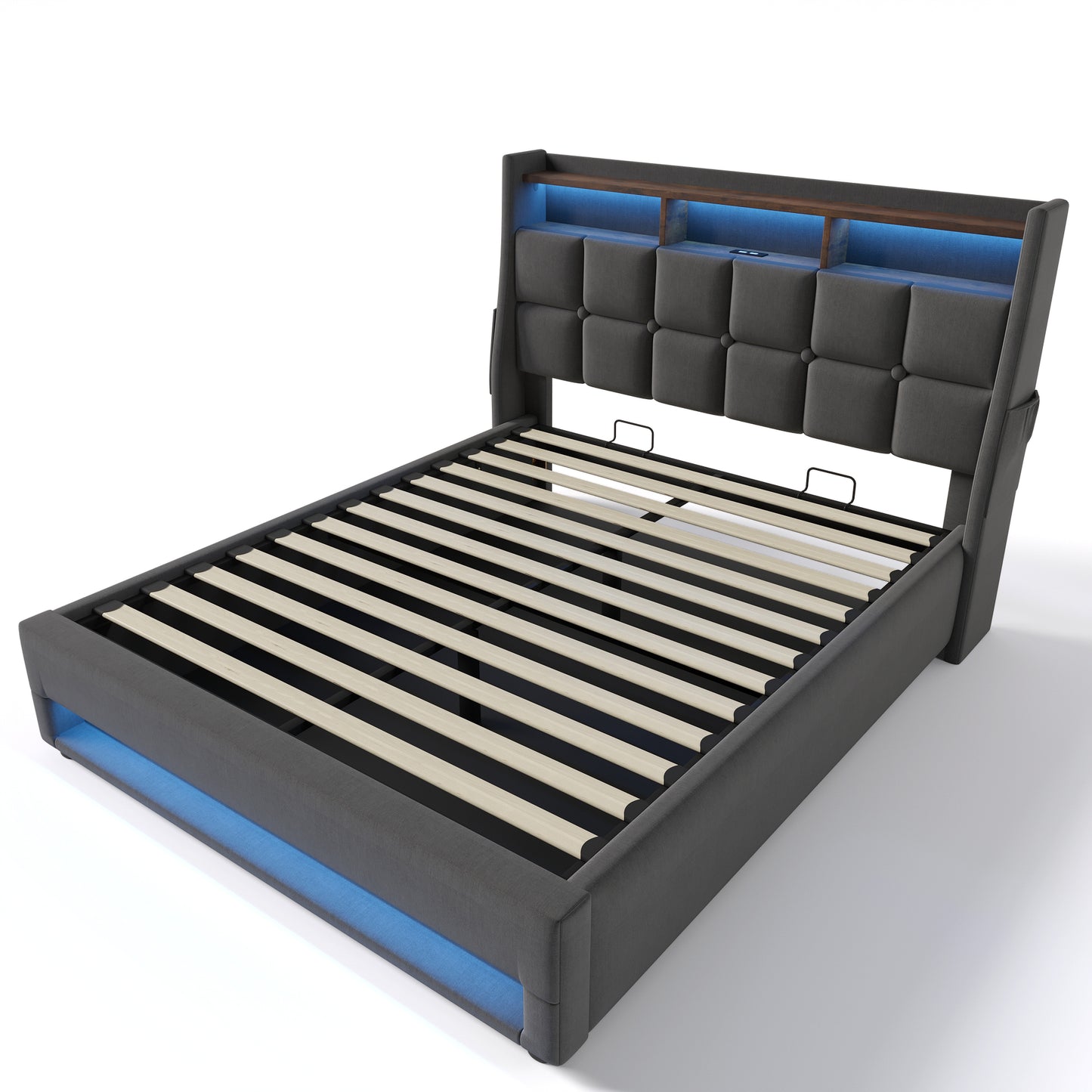 Dark gray upholstered platform bed frame with LED lighting and tufted headboard