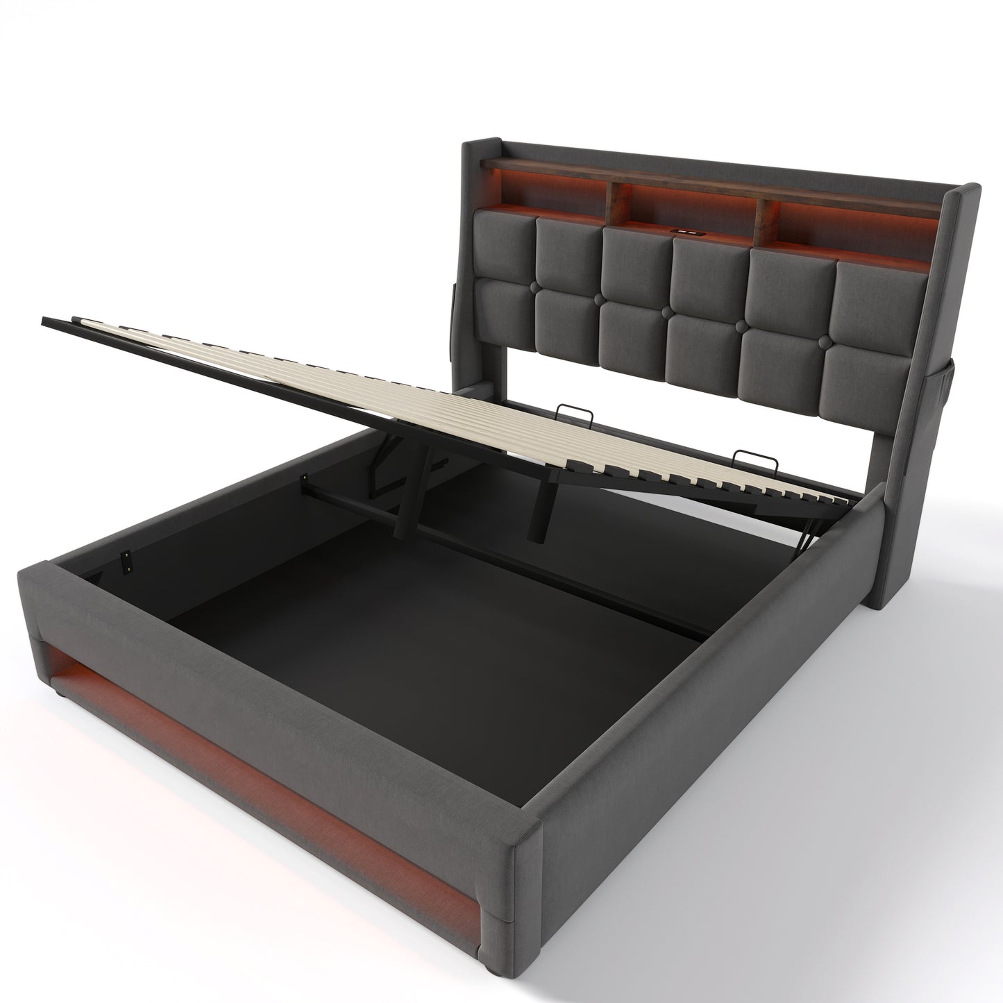 Dark gray upholstered bed frame with liftup storage