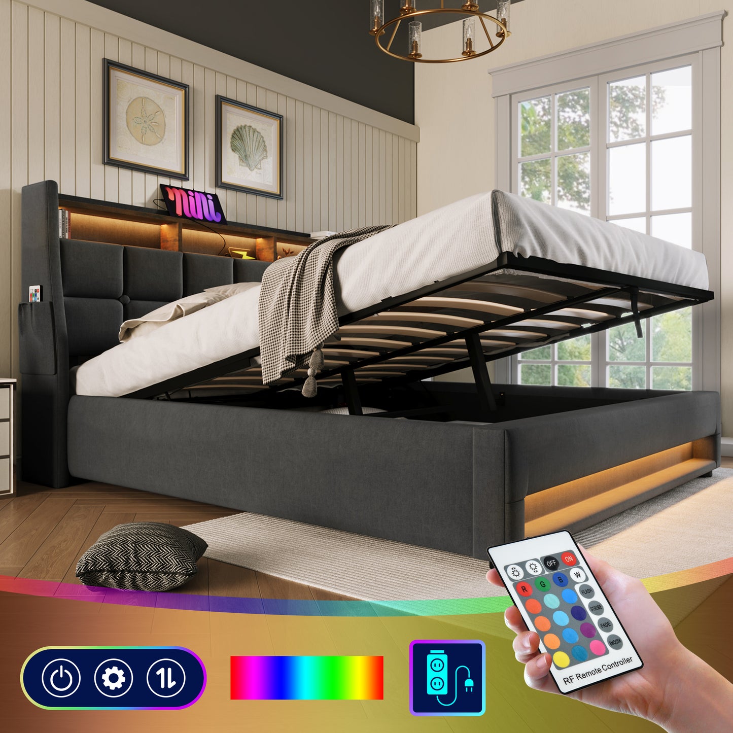Dark grey upholstered storage bed with LED lighting and remote control