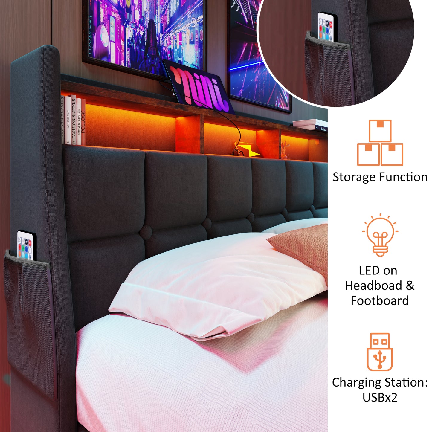 Dark gray upholstered bed frame with builtin LED lighting and USB charging ports
