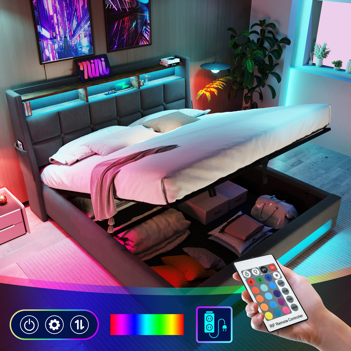Grey upholstered storage bed with integrated LED lighting and open storage compartment