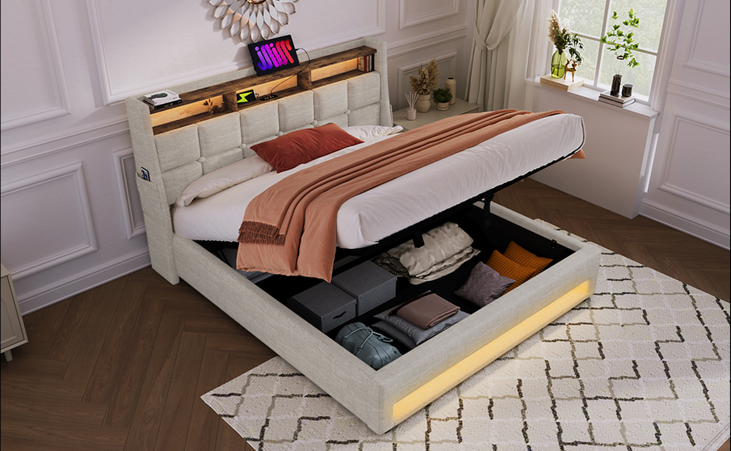 Upholstered storage bed with tufted headboard and builtin LED lighting