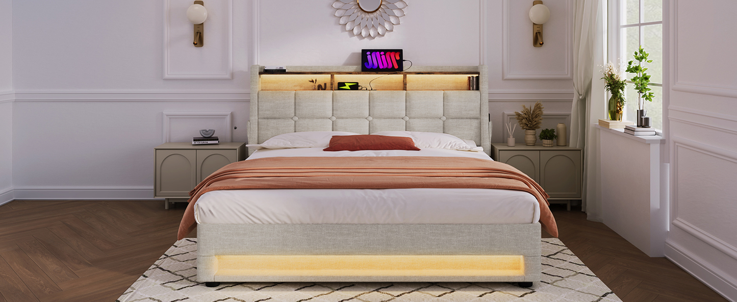 Tufted upholstered bed frame with LED headboard lighting and builtin shelves