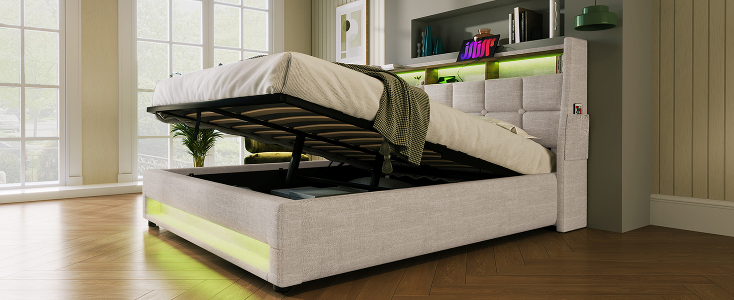 Cream fabric ottoman bed with liftup mattress and green LED accent lighting
