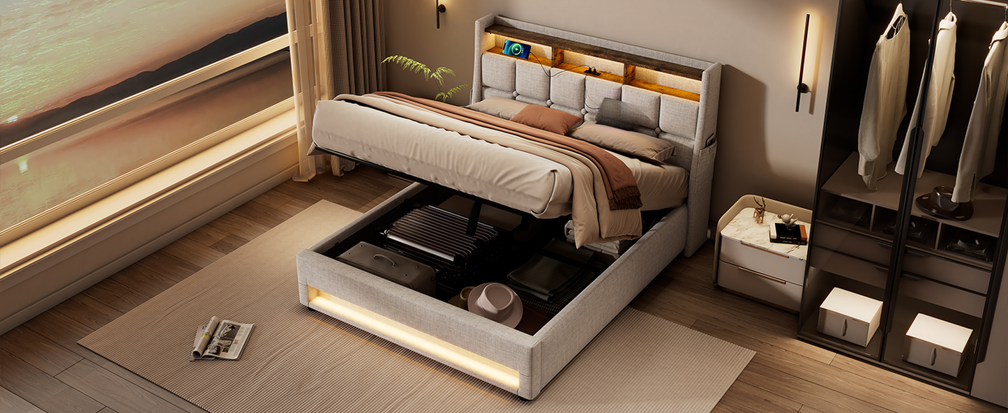 Modern storage bed with upholstered headboard and liftup ottoman