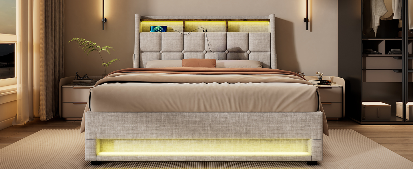 Tufted upholstered bed with builtin USB charging ambient lighting and contemporary design