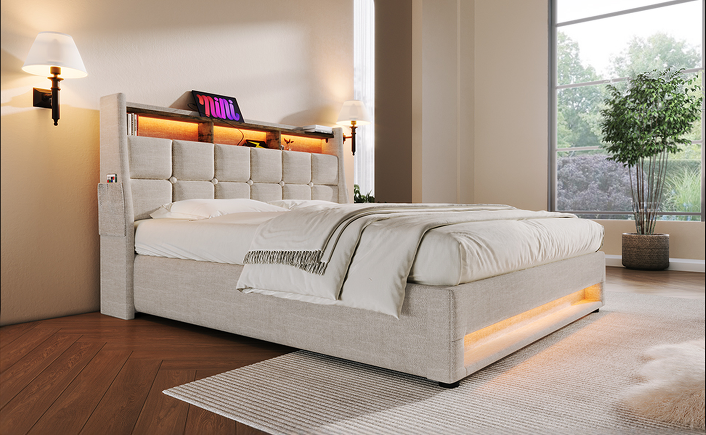 Tufted beige upholstered bed frame with builtin storage and ambient lighting