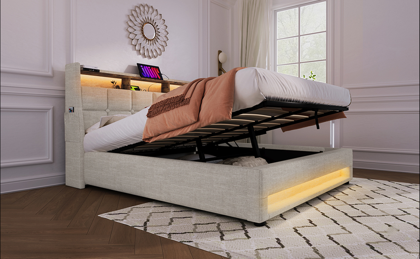 Upholstered storage bed frame with hydraulic lift mechanism and builtin headboard shelf