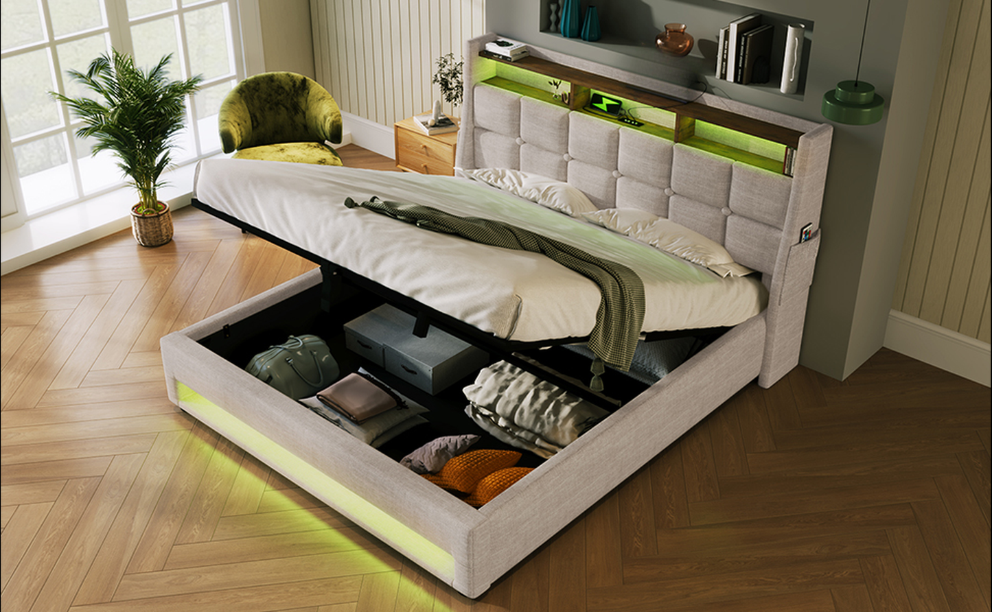 Upholstered storage bed frame with builtin LED lighting and open storage compartment