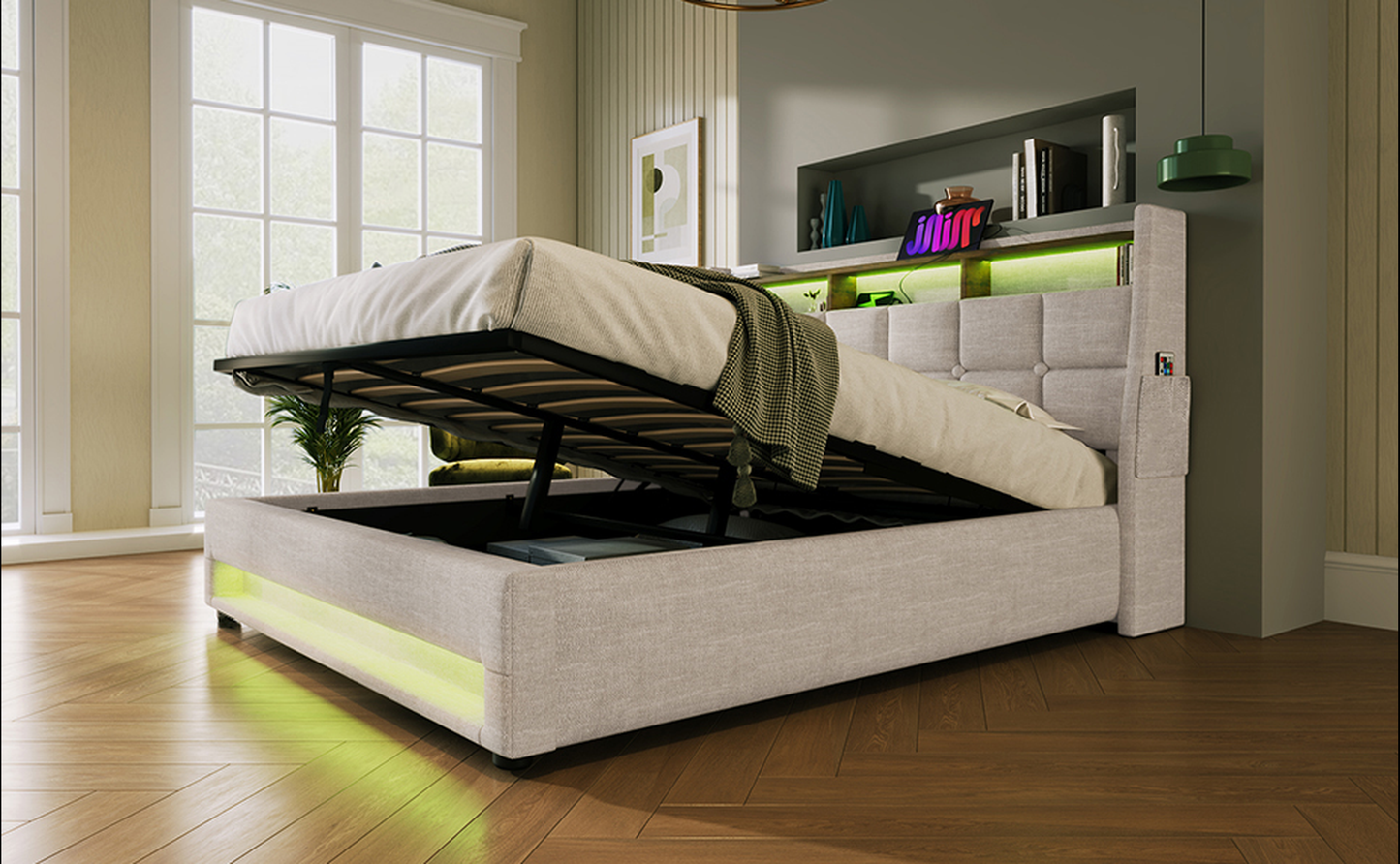 Upholstered storage bed with a diamondtufted headboard and liftup mechanism