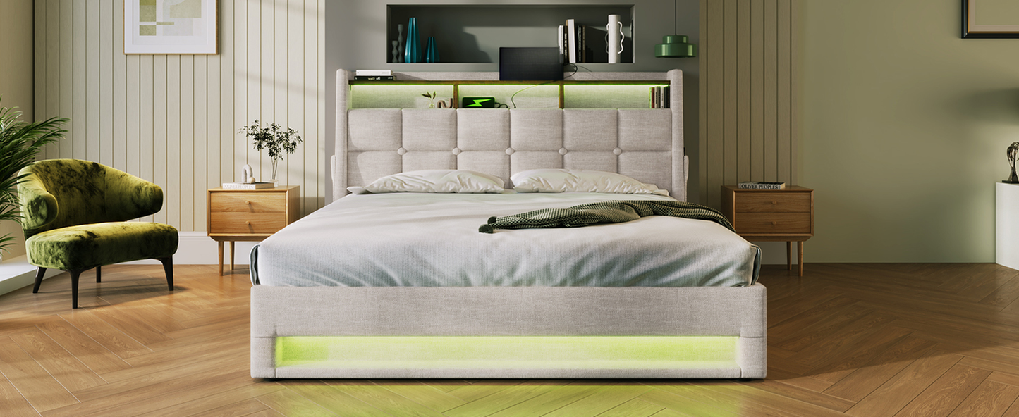 Tufted grey fabric bed frame with builtin shelf and LED lights