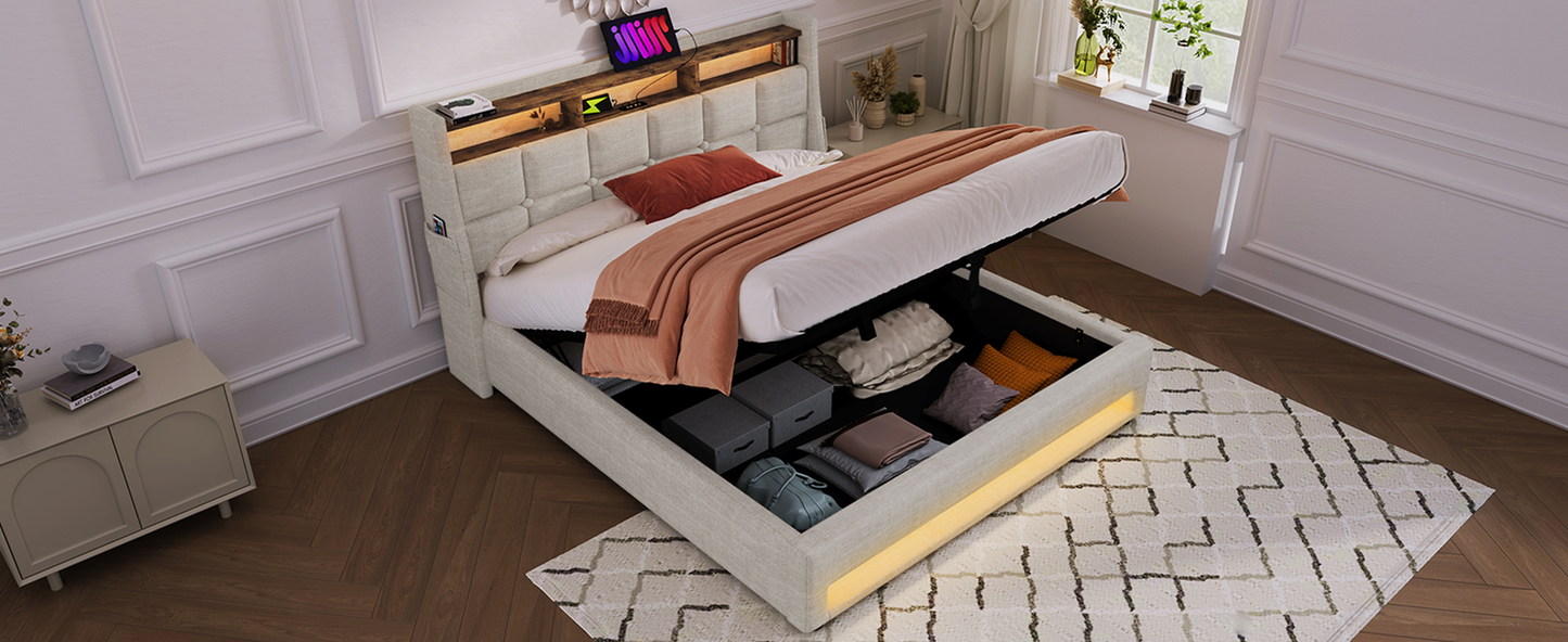 Tufted beige storage bed with open compartment showing bedding and storage boxes