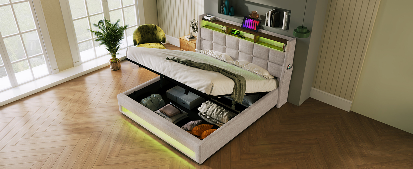 Modern upholstered bed with integrated storage and LED lighting