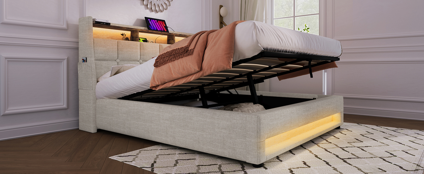 Tufted upholstered bed frame with integrated storage and LED lighting