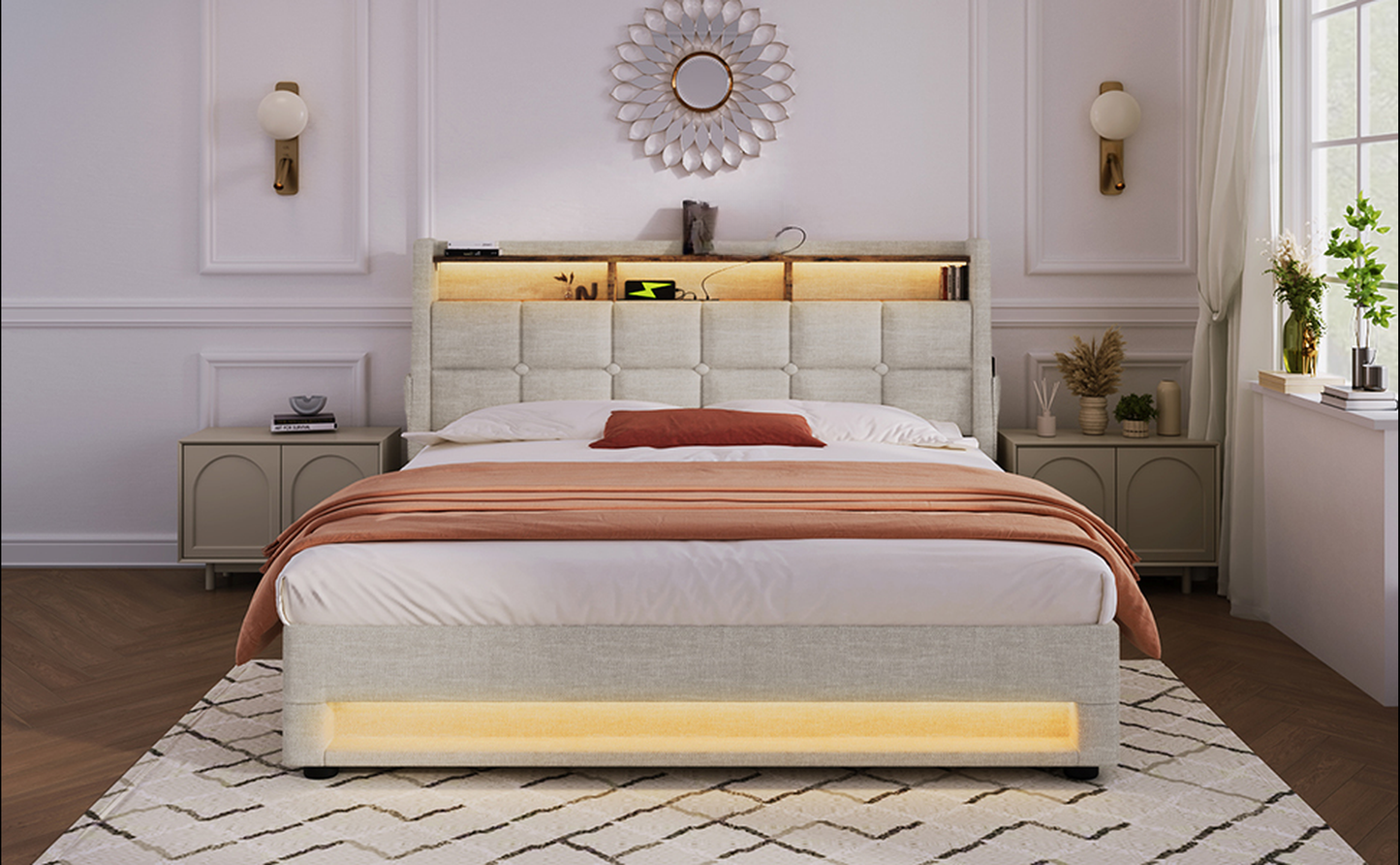 Tufted queen bed frame in light grey fabric with LED underglow and builtin headboard shelves