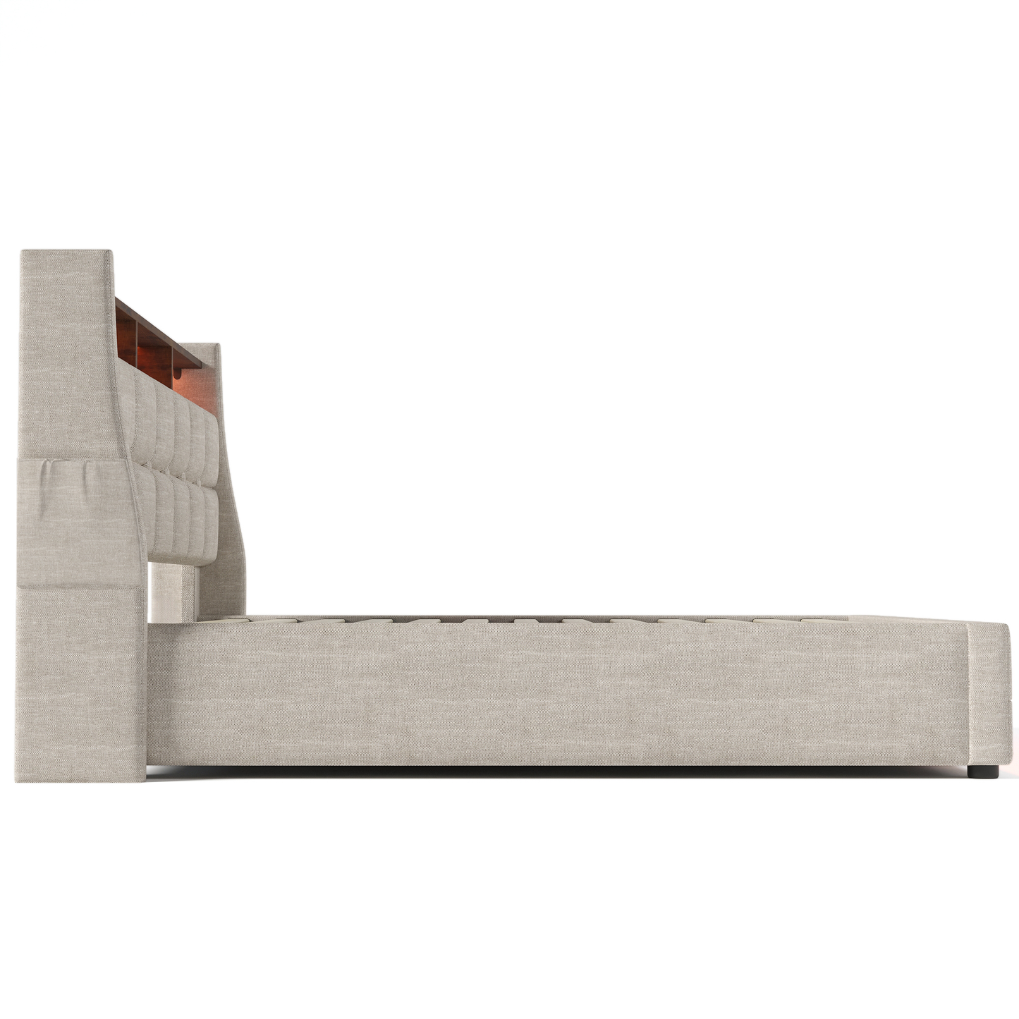 Tufted beige fabric bed frame with integrated wooden headboard shelving and warm lighting