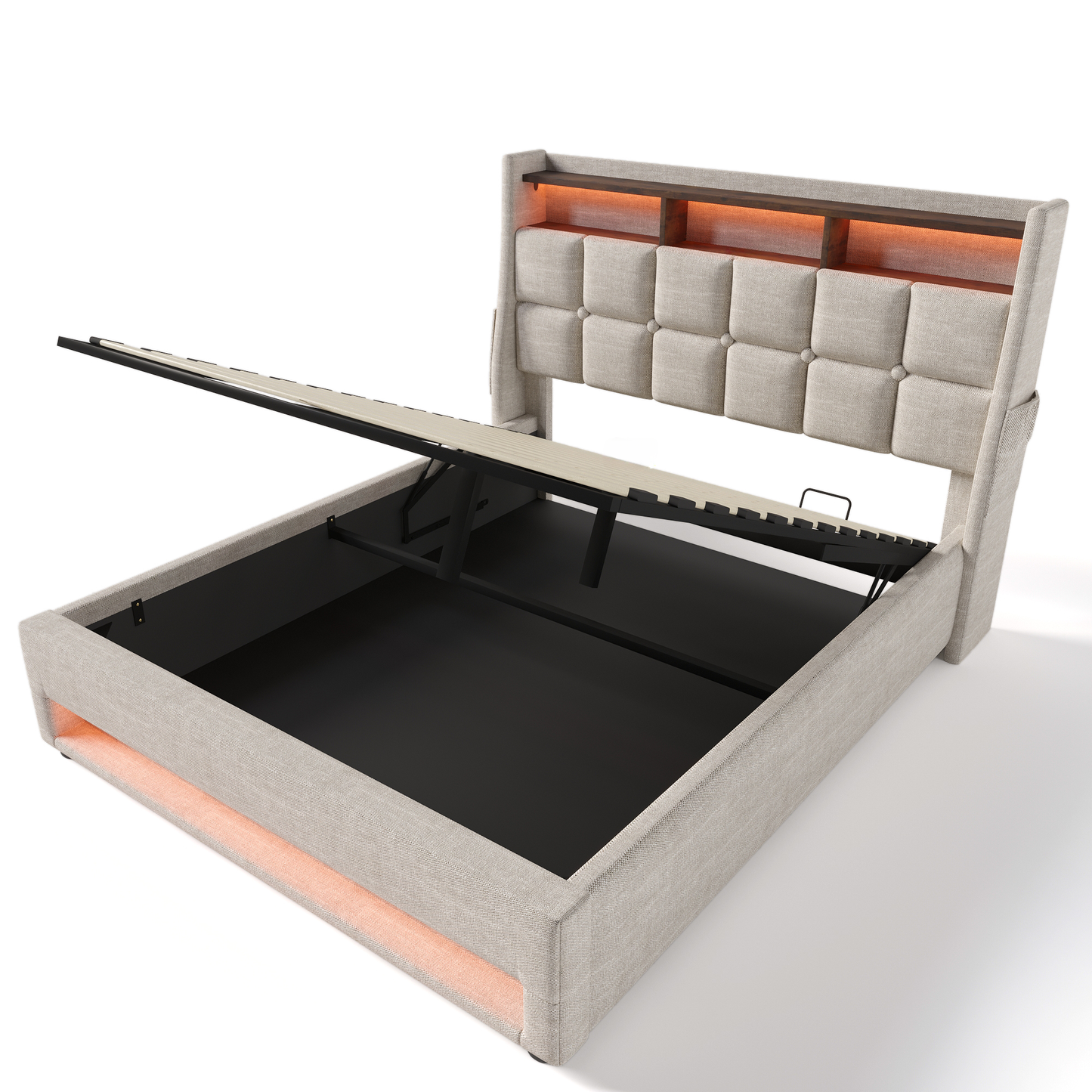 Upholstered storage bed frame in beige linen with integrated LED lighting and open liftup mattress support