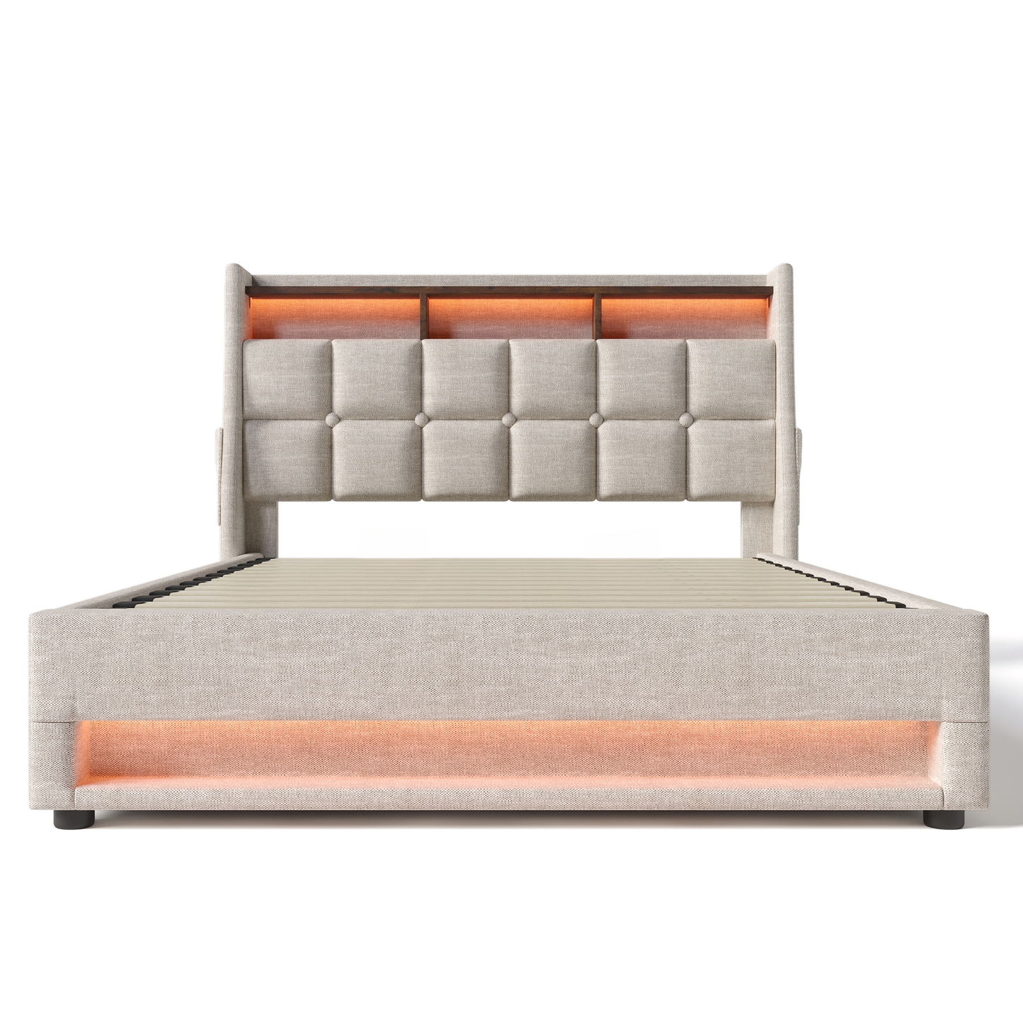Tufted beige upholstered queen bed frame with integrated LED lighting