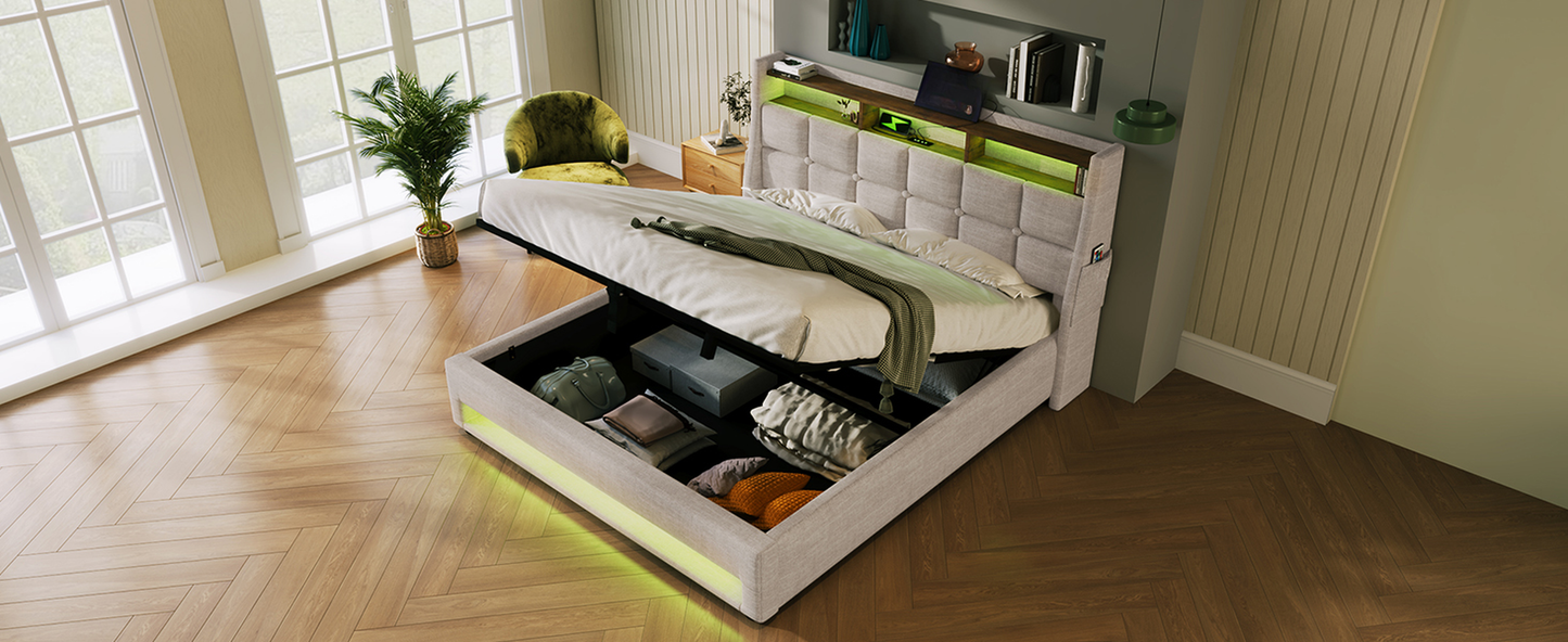 Upholstered storage bed frame with lifted mattress showcasing ample interior storage