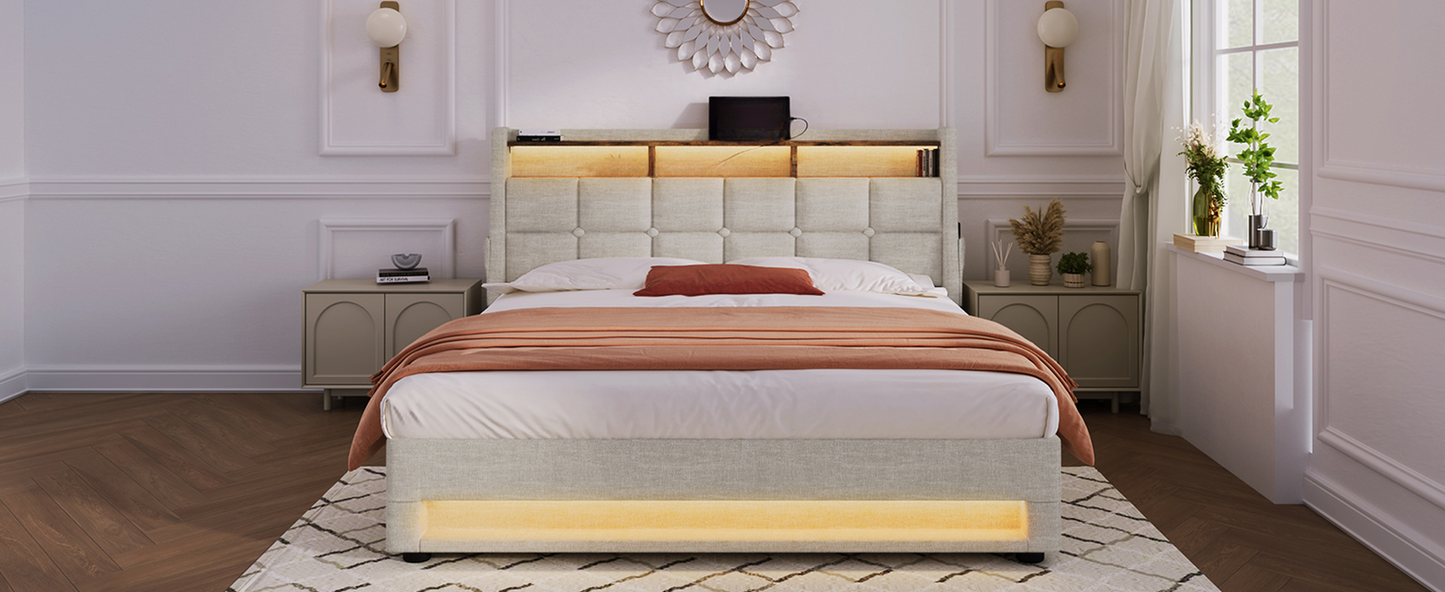 Tufted beige upholstered bed frame with builtin LED lighting and storage headboard