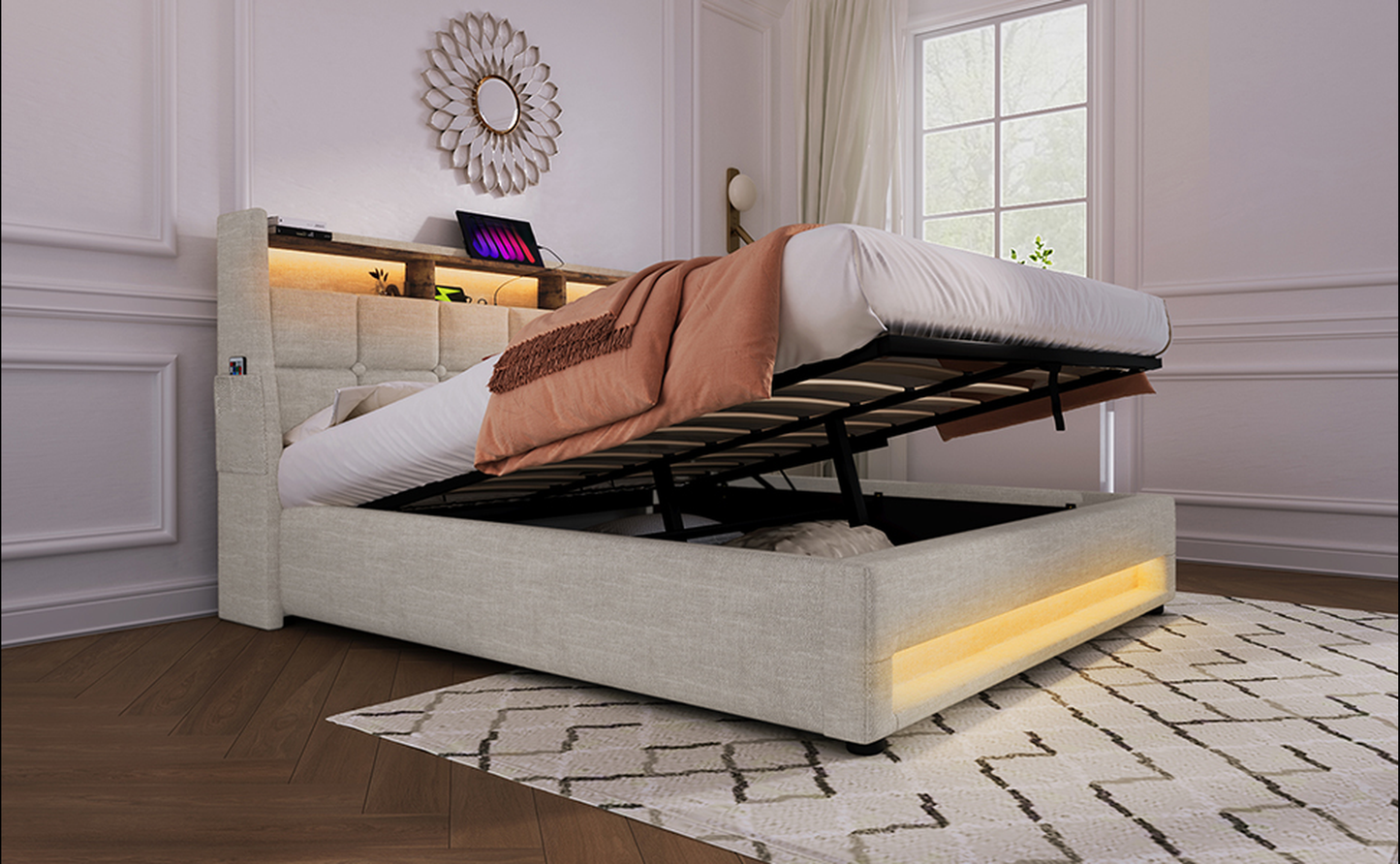 Modern tufted upholstered bed with builtin storage