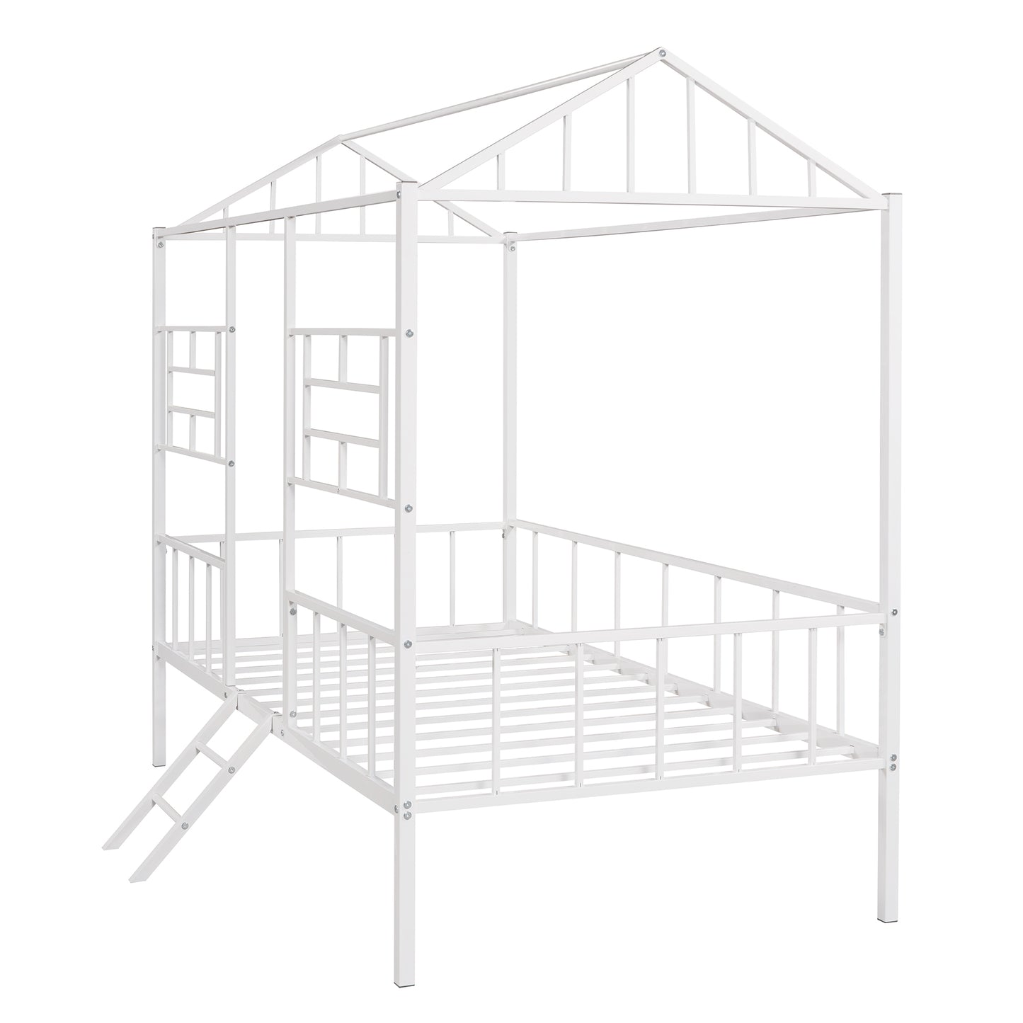 White metal house bed frame with ladder and guardrails