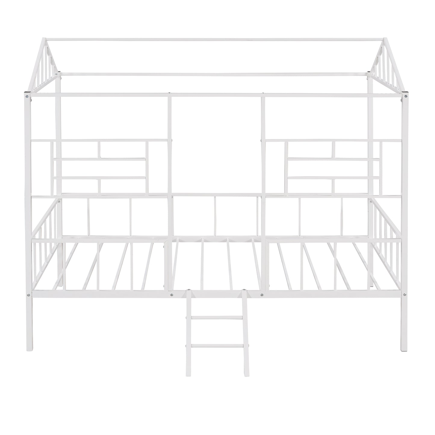 White metal house frame bed with integrated ladder