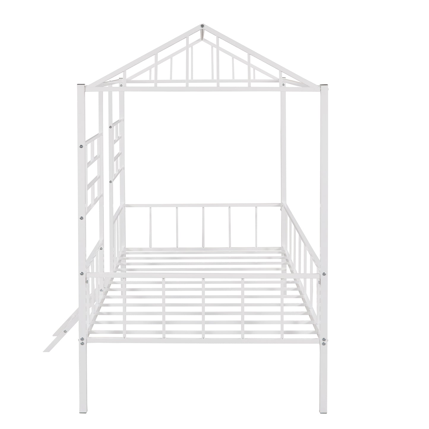 White metal canopy bed frame with a playful house shape for kids
