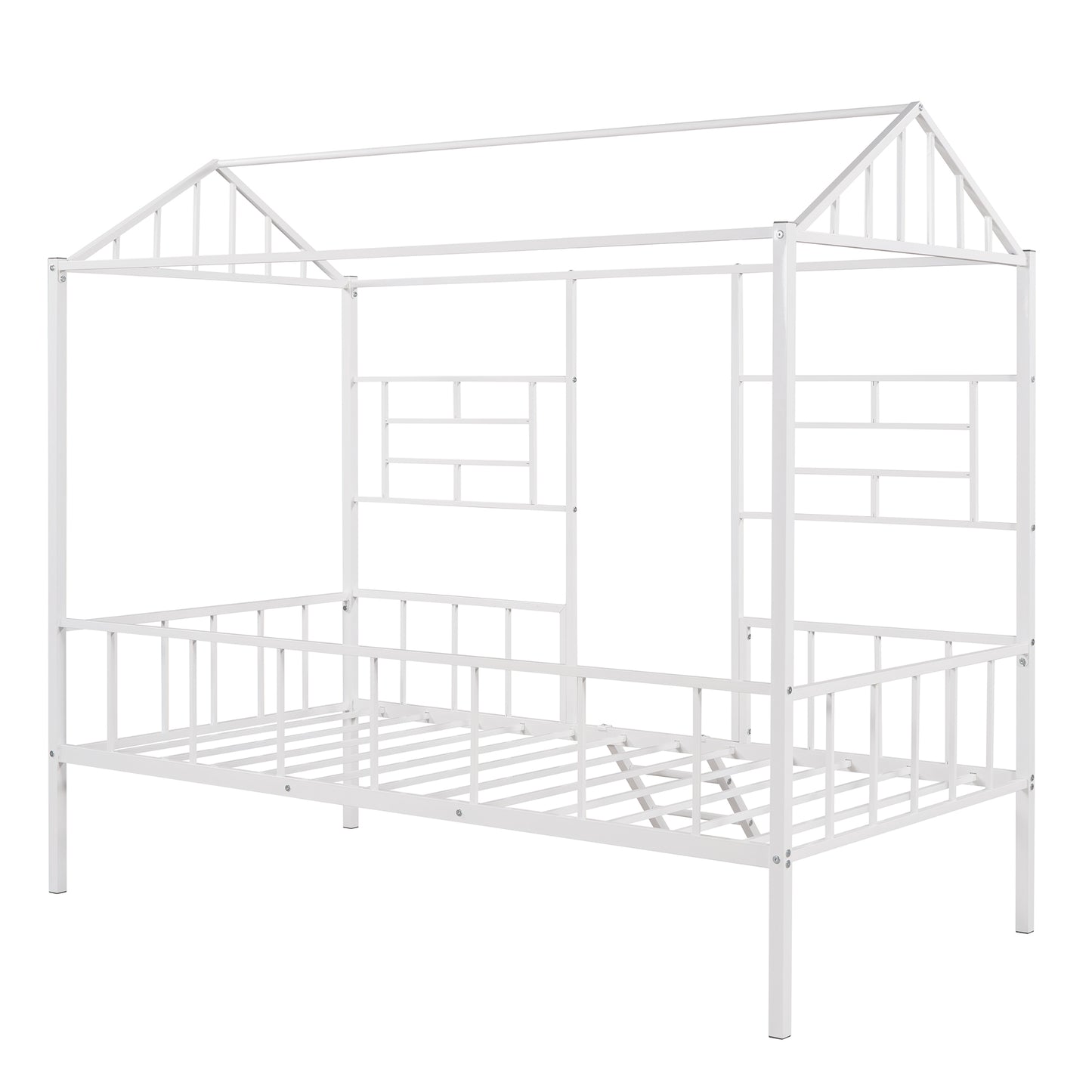 White metal twin house bed frame with geometric headboard and footboard