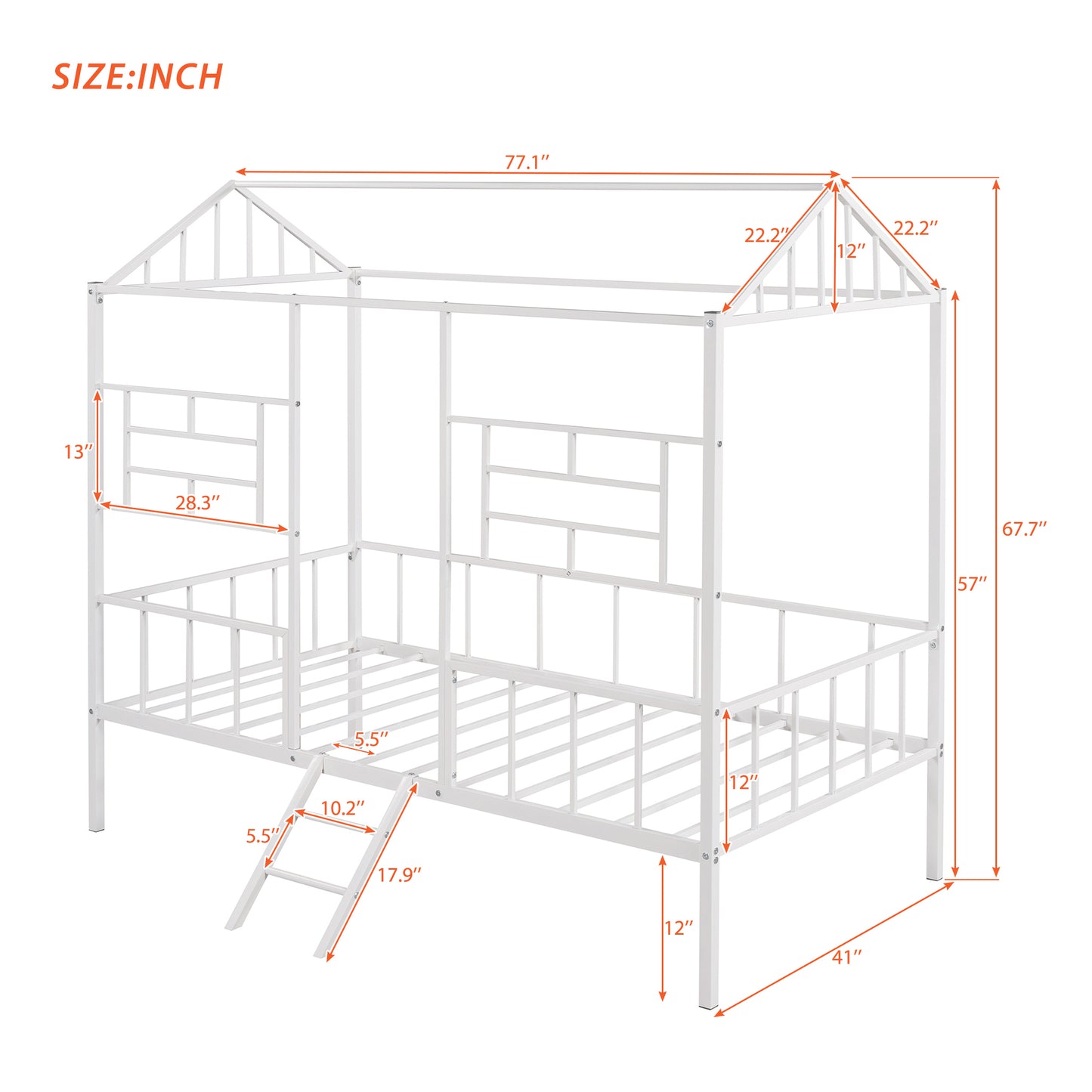 White metal house bed frame with ladder and slatted base