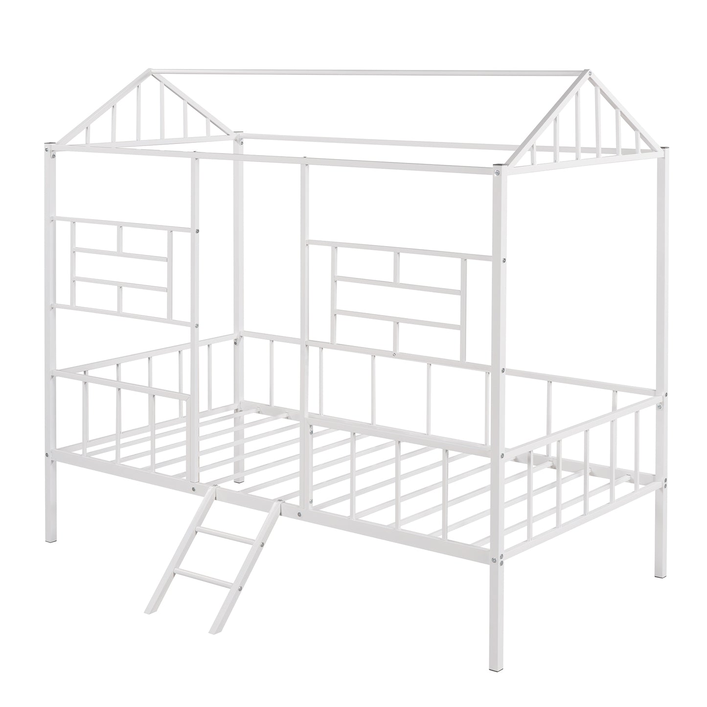 White metal twin house bed frame with roof and ladder