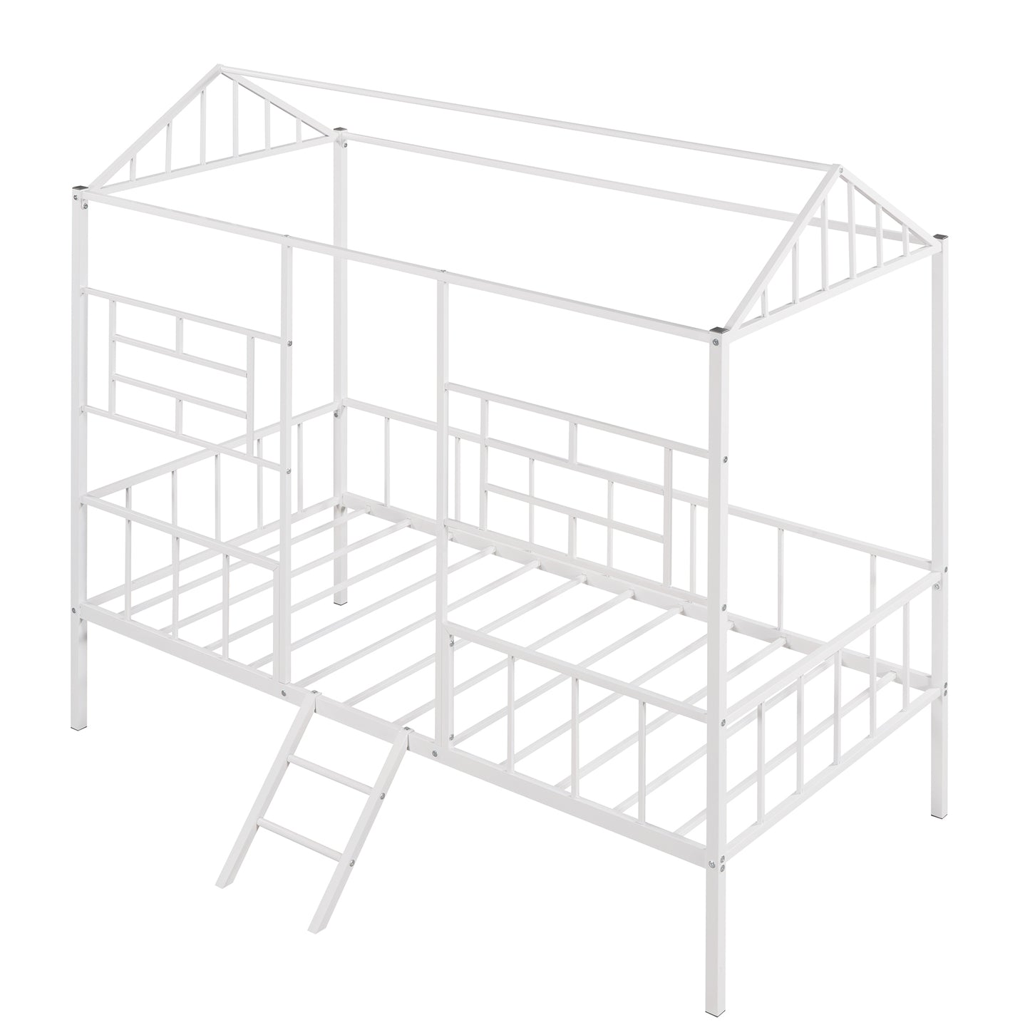White metal house frame bed with ladder